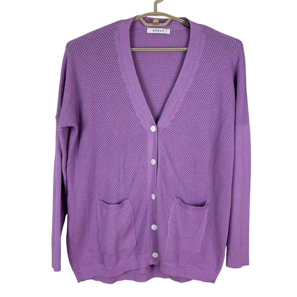 Kokun Lavender Purple cardigan sweater Large v-neck Cotton drop shoulder